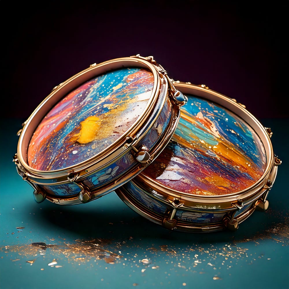 Two brightly colored tambourines