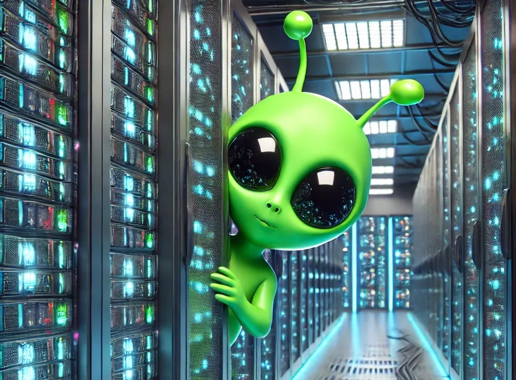 A playful green alien hiding behind a server rack in a modern data center. The alien has large eyes, small antennae on its head, and is peeking out curiously from between the rows of servers, with a mischievous expression. The data center is filled with glowing LED lights on the server racks and neat cables running along the floor and ceiling, giving it a futuristic tech atmosphere.