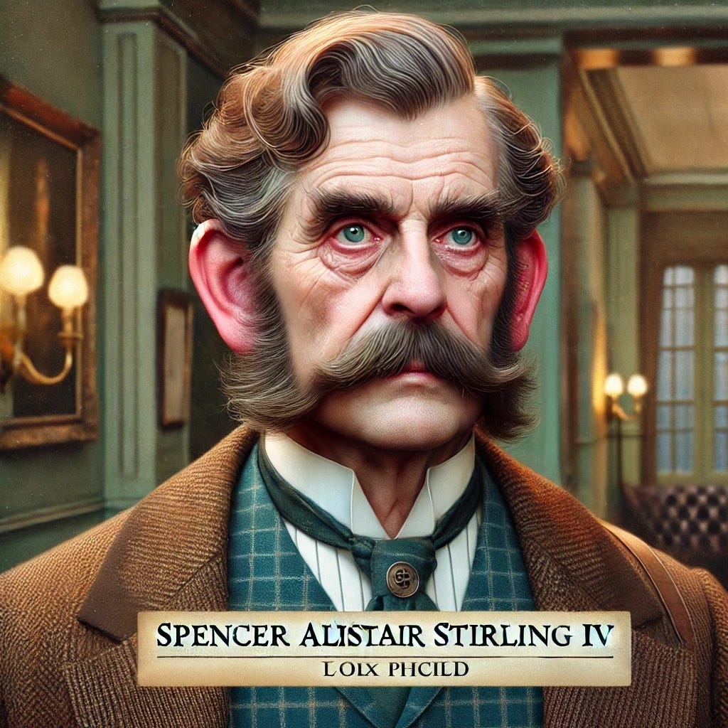 A color portrait of Spencer Alistair Stirling IV, an English blue blood in his late 60s. He has bushy eyebrows, a slightly less bushy mustache, and ear-length hair, with no facial hair except for his mustache. He is dressed like an old English gentleman, as if heading for tea at the Savoy Hotel, wearing a traditional suit with a waistcoat and a pocket watch. He stands 5 foot 9 inches tall, has a heavy build but is not fat, with a wrinkled face showing signs of significant sun exposure from a lifetime in the field. His expression is serious with a slightly eccentric air. The background hints at an elegant, old-world setting, perhaps with Victorian or Edwardian decor. A text box within the picture contains his full name 'Spencer Alistair Stirling IV' in readable-sized print.