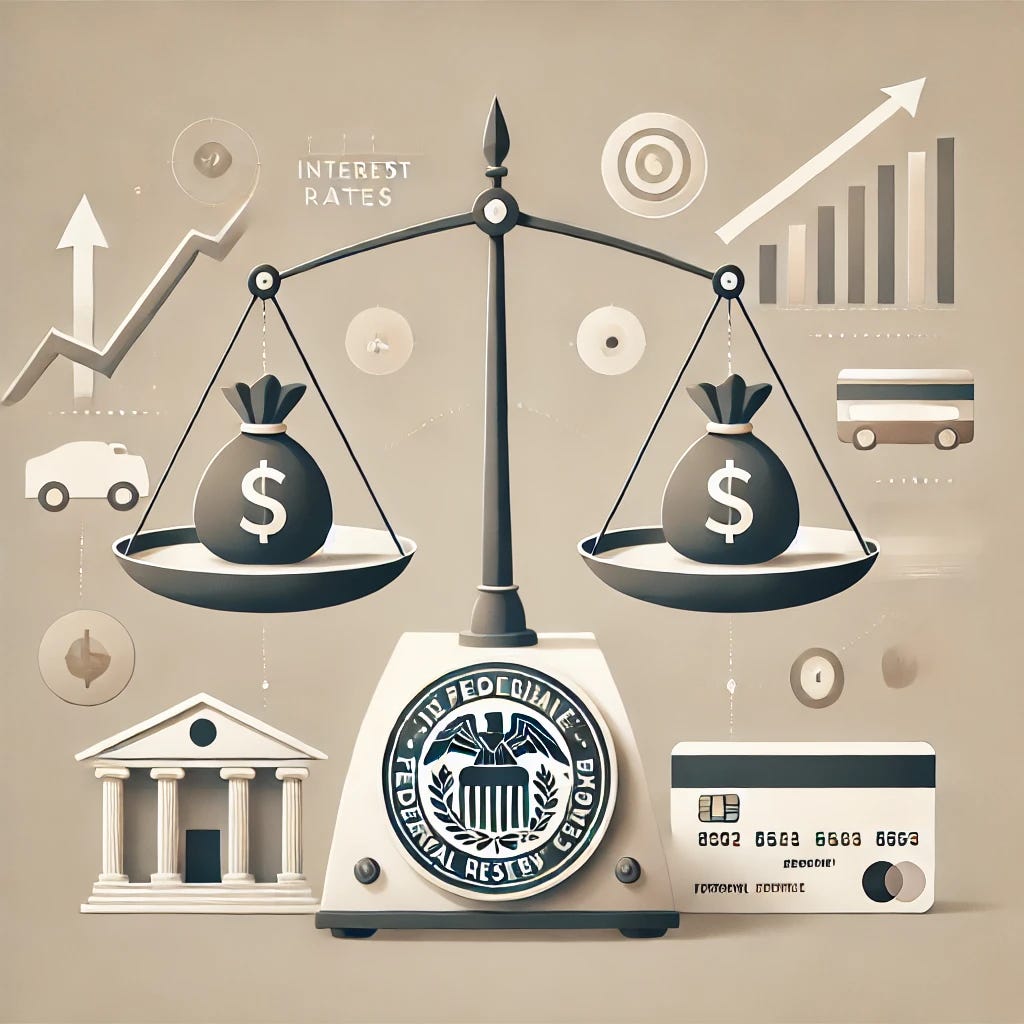 A calm, professional illustration explaining the concept of interest rates and the Federal Reserve's influence on the economy. The image features a central graphic of a scale balancing money bags on one side and a rising arrow on the other, symbolizing the delicate balance between inflation and economic growth. There is also a representation of a house, car, and credit card to signify loans and borrowing, with subtle upward or downward arrows indicating changing rates. The color scheme should be soft, neutral, and informative, keeping the tone serious yet approachable.