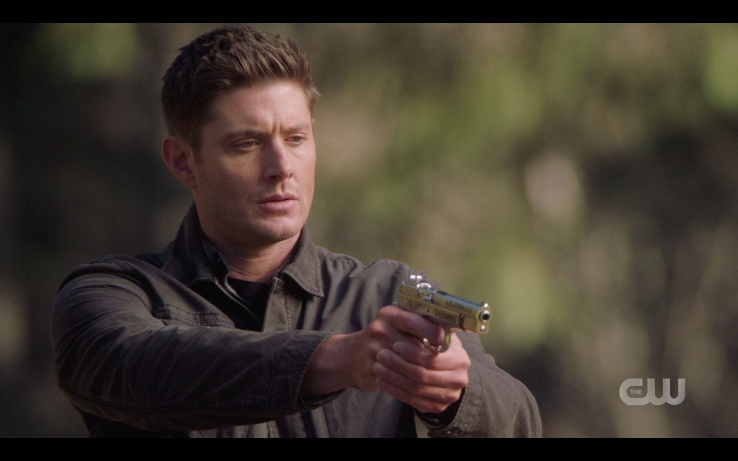 Dean points gun at Castiel protecting Jack in cemetary SUpernatural 14.20