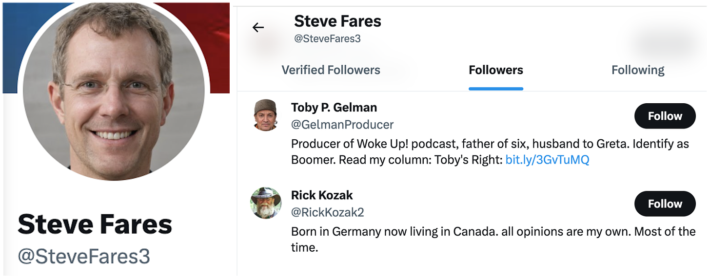 screenshot of @SteveFares3's profile image, a GAN-generated face, and @SteveFares3's first two followers, which include @GelmanProducer