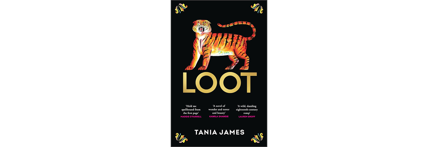 The cover of "Loot" by Tania James. A striking painting of a tiger above the word "Loot" in gold.