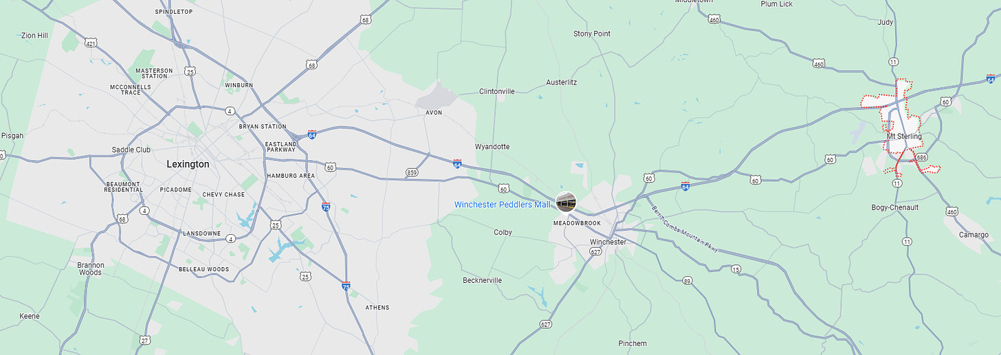 map showing Mt. Sterling to the east of Lexington