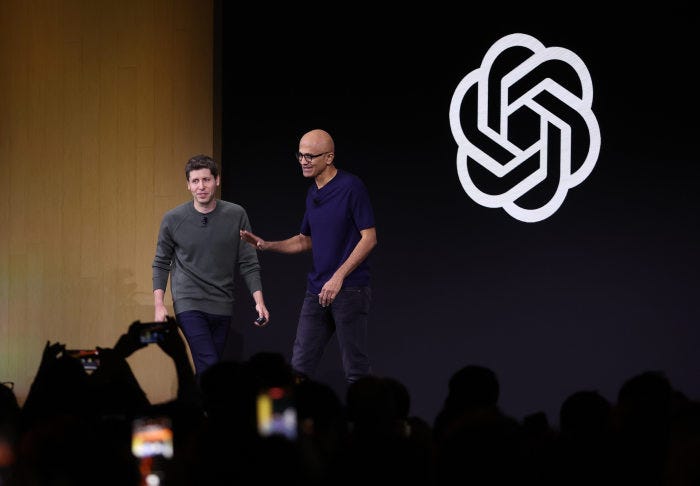 Sam Altman and Satya Nadella at the OpenAI DevDay conference in 2023.