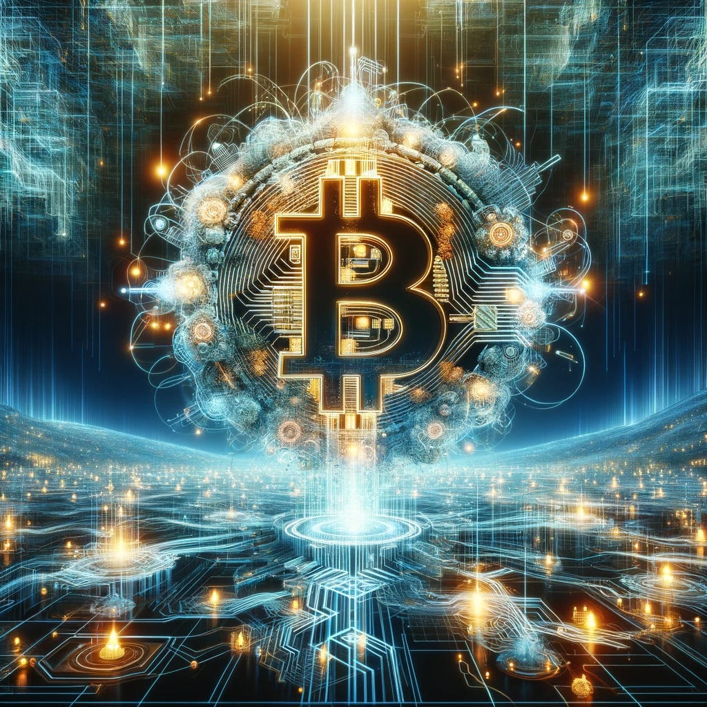 Visualize Bitcoin as a complex digital organism, illustrating its emergent properties such as decentralization, security, and transparency. Imagine this organism thriving in a cybernetic environment, with intricate circuits and data streams forming its body, glowing with energy. It's constantly evolving and adapting, symbolized by dynamic, interconnected nodes and pathways that represent its network. The backdrop is a digital landscape, showcasing a vast, interconnected system that mirrors the global reach and impact of Bitcoin. This organism is a fusion of technology and natural evolution, highlighting the innovative and transformative nature of Bitcoin in the digital age.