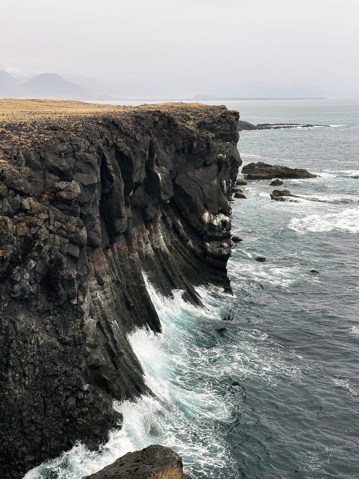 Arnarstapi Cliffs, light brown grass above dramatic basalt cliffs down to the sea.  The water is dark gray/blue with white foamy waves.  As the waves crash up the basalt columns it turns a bright, light blue topped by foamy white.  There are birds nesting on tiny perches in the rock face.