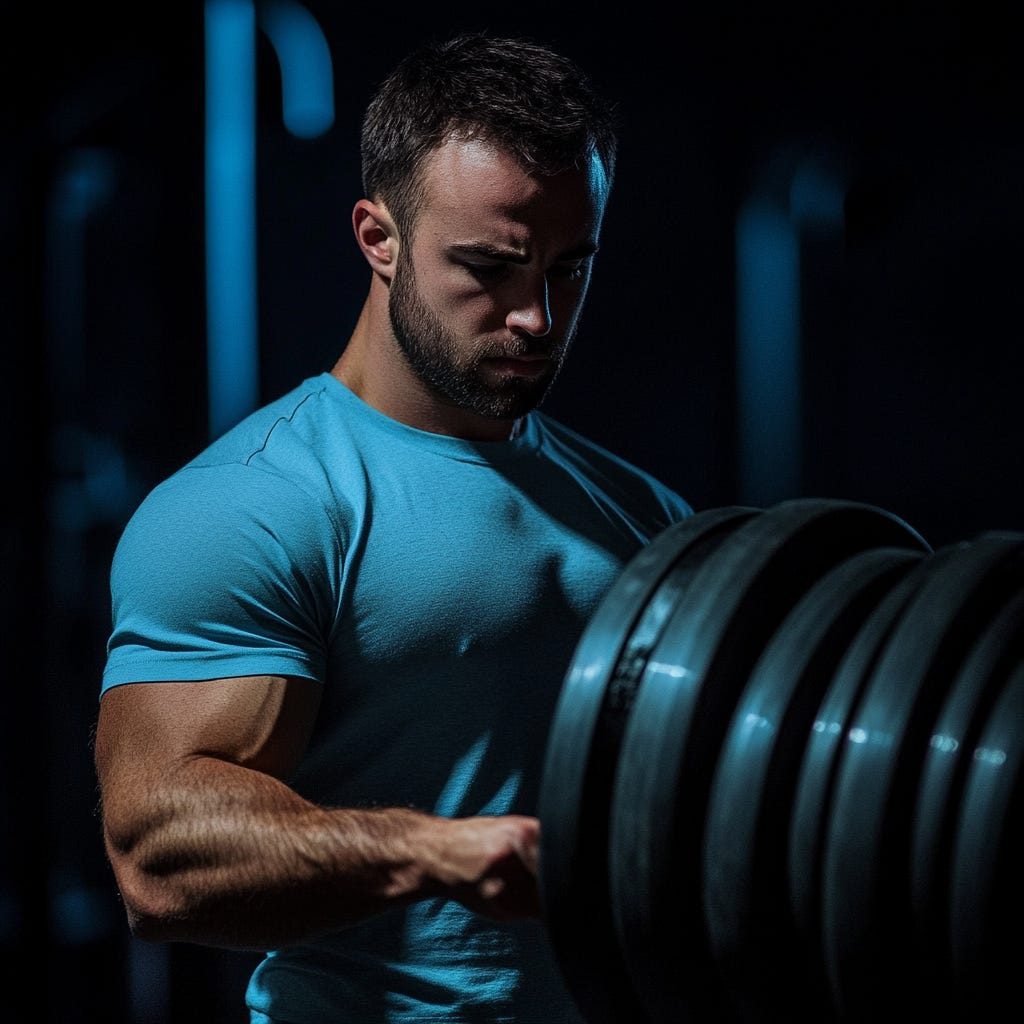 Fit man wearing a light blue t-shirt is loading plates onto a barbell in a dark gym.