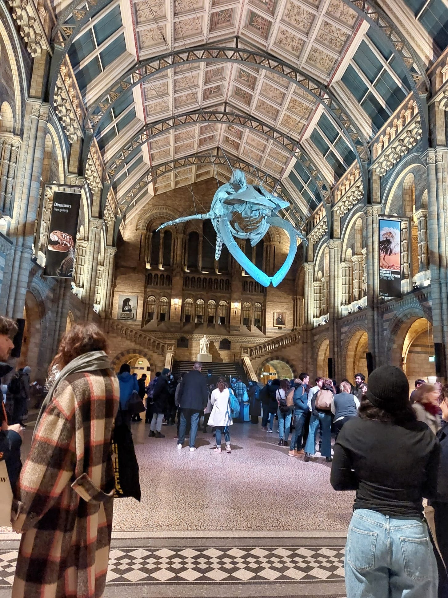 People in the Natural History Museum under the whale skeleton
