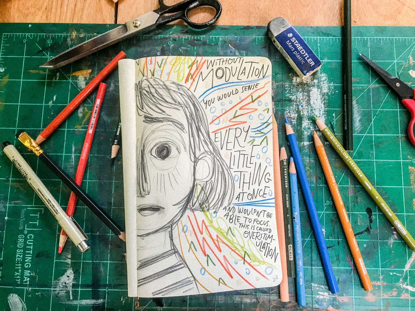 A photograph of Gracie's sketchbook on her art supply-strewn desk, showing early concept art about sensory modulation