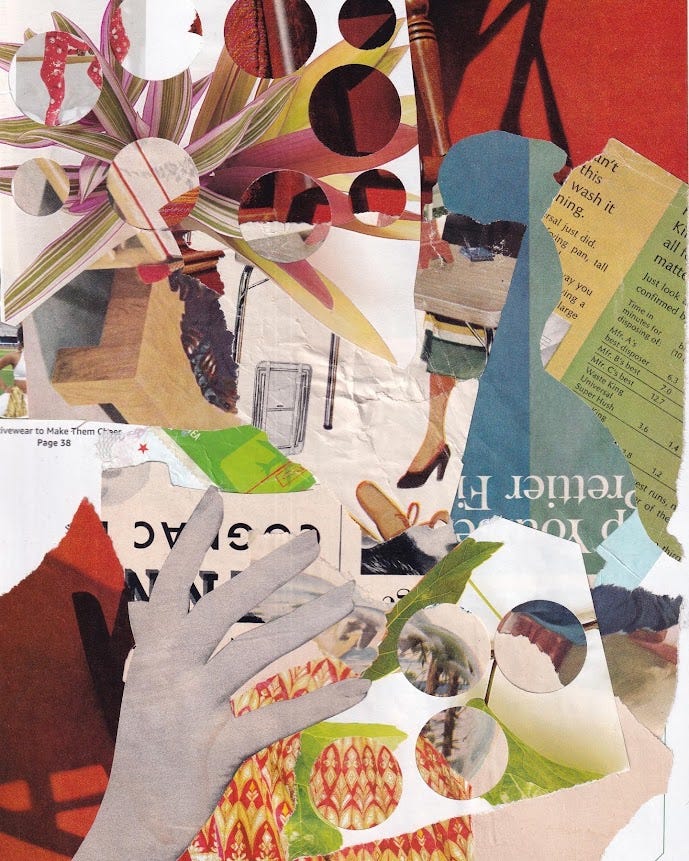 abstract collage with lots of colorful scraps arranged on a page; there are vintage illustrations alongside plant images and text in reds, blues, and greens