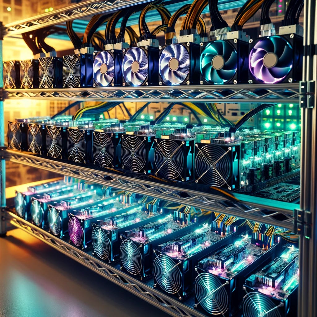 A close-up view of cryptocurrency mining equipment in a well-lit facility. The focus is on the detailed machinery and technology used in bitcoin mining, including GPUs mounted on racks, intricate cooling systems, and power supply units. Each mining rig is equipped with multiple high-performance graphics cards connected with cables, displaying vibrant LED lights. The environment is clean and professional, with an emphasis on the technology and hardware that drive bitcoin mining. Visible in the frame are the cooling fans in motion, the complex network of cables connecting the equipment, and the glowing indicators showing the rigs are operational.