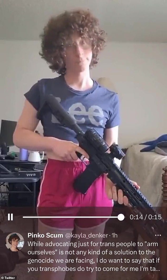 Kayla Denker, who is believed to be a former soldier, posted this video online after the Nashville school shooting on Monday. The shooting was carried out by a transgender person