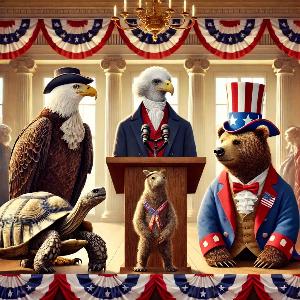 A festive scene representing USA's Presidents Day, but featuring animals dressed as people. A dignified bald eagle in a suit and top hat stands at a podium, giving a speech. Nearby, a wise old tortoise dressed in colonial attire with a powdered wig symbolizes historical leadership. A bear, wearing a modern presidential suit with an American flag pin, stands confidently. The background features patriotic decorations, including red, white, and blue bunting, and a grand hall reminiscent of the White House. The atmosphere is celebratory and symbolic of American history and leadership.