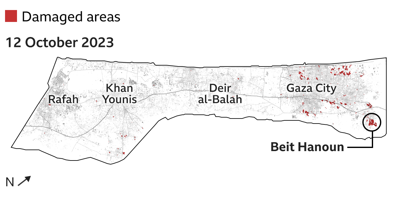 A map dated 12 October 2023 showing Gaza tilted about 45% so it appears horizontally, labelling the cities from south to North of Rafah, Khan Younis, Deir al-Balah and Gaza City. The map is white with roads and populated areas in grey. It show areas assessed as damaged in red. There are small red specks across the whole map but they are bigger around Gaza City and in particular Beit Hanoun, which is highlighted. A map dated 12 October 2023 showing Gaza tilted about 45% so it appears horizontally, labelling the cities from south to North of Rafah, Khan Younis, Deir al-Balah and Gaza City. The map is white with roads and populated areas in grey. It show areas assessed as damaged in red. There are small red specks across the whole map but they are bigger around Gaza City and in particular Beit Hanoun, which is highlighted.