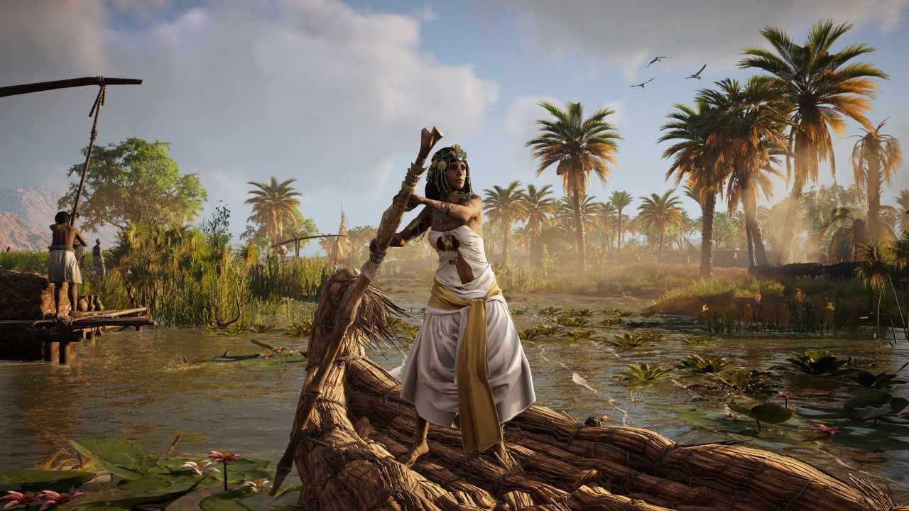Assassins Creed Origins female character rowing a boat