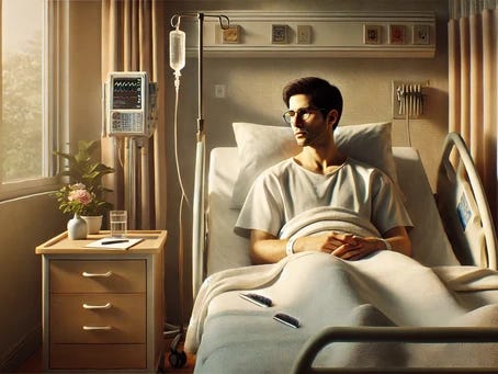Chris gazes out the hospital window, the room filled with soft, golden light, as medical equipment monitors his recovery.