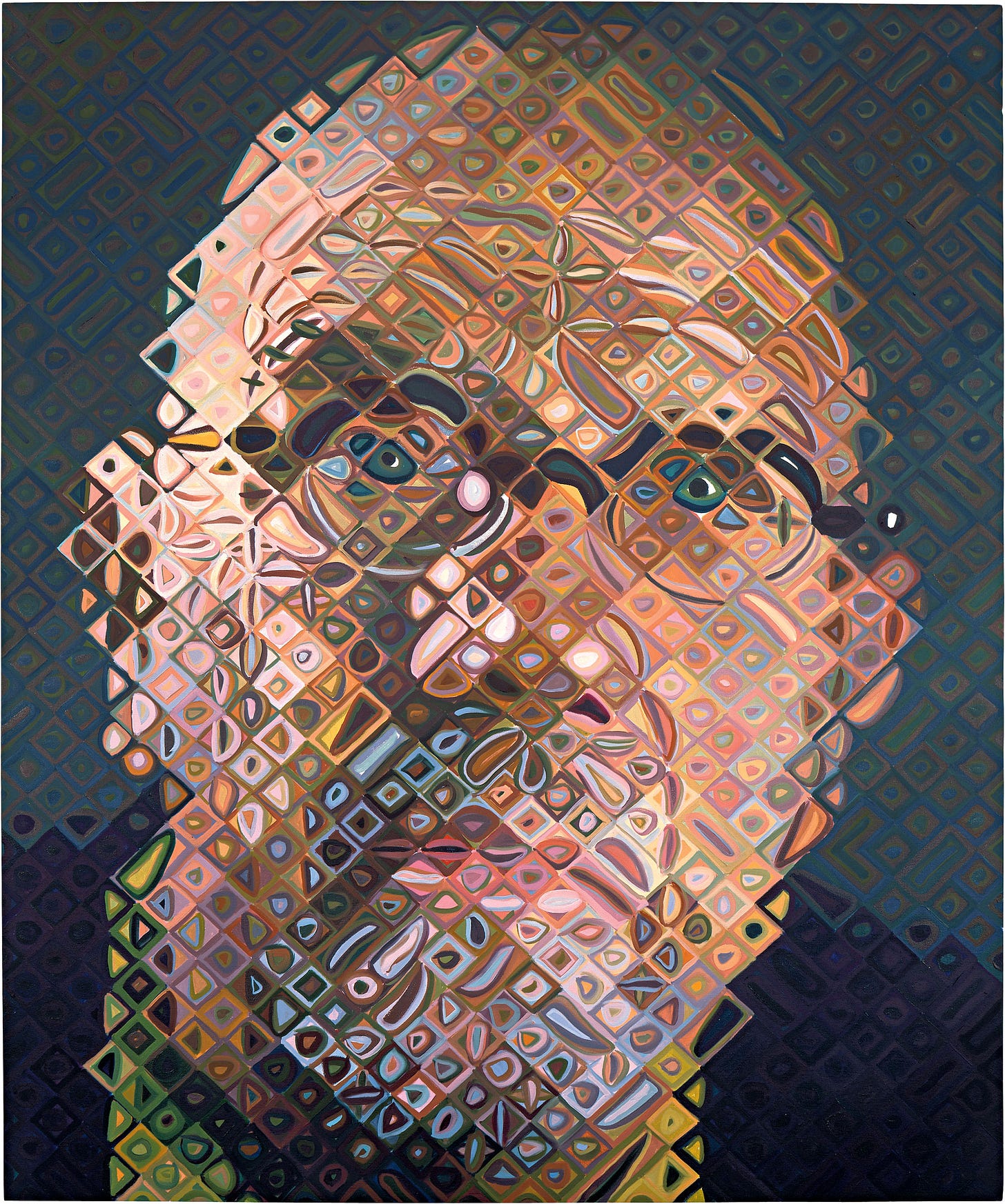 A painting of a bald man with a goatee beard, wearing glasses.
