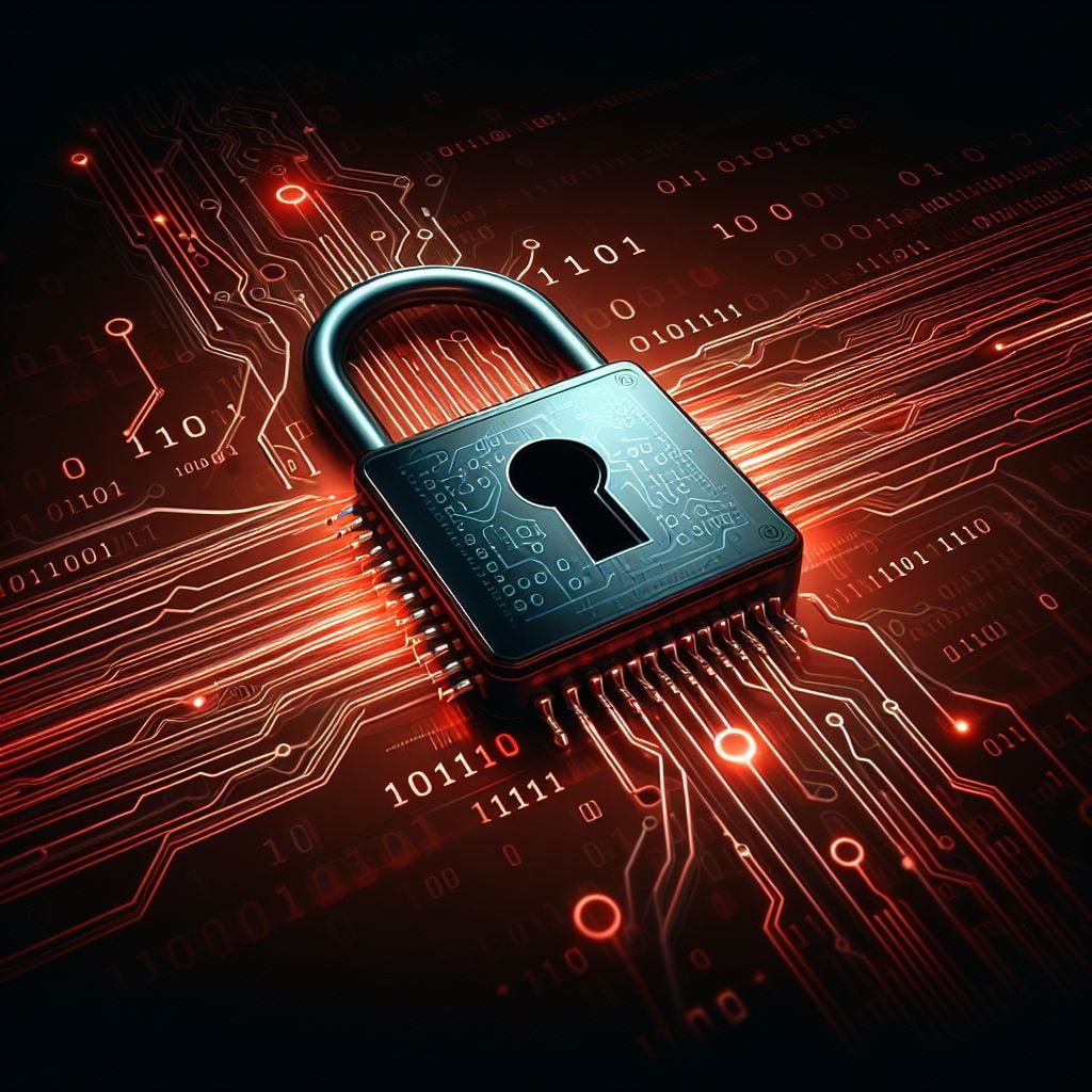 An electronic circuit with a padlock on top and binary code around, in a reddish hue transmitting a feeling of urgency. Image generated with Dall-E 3.