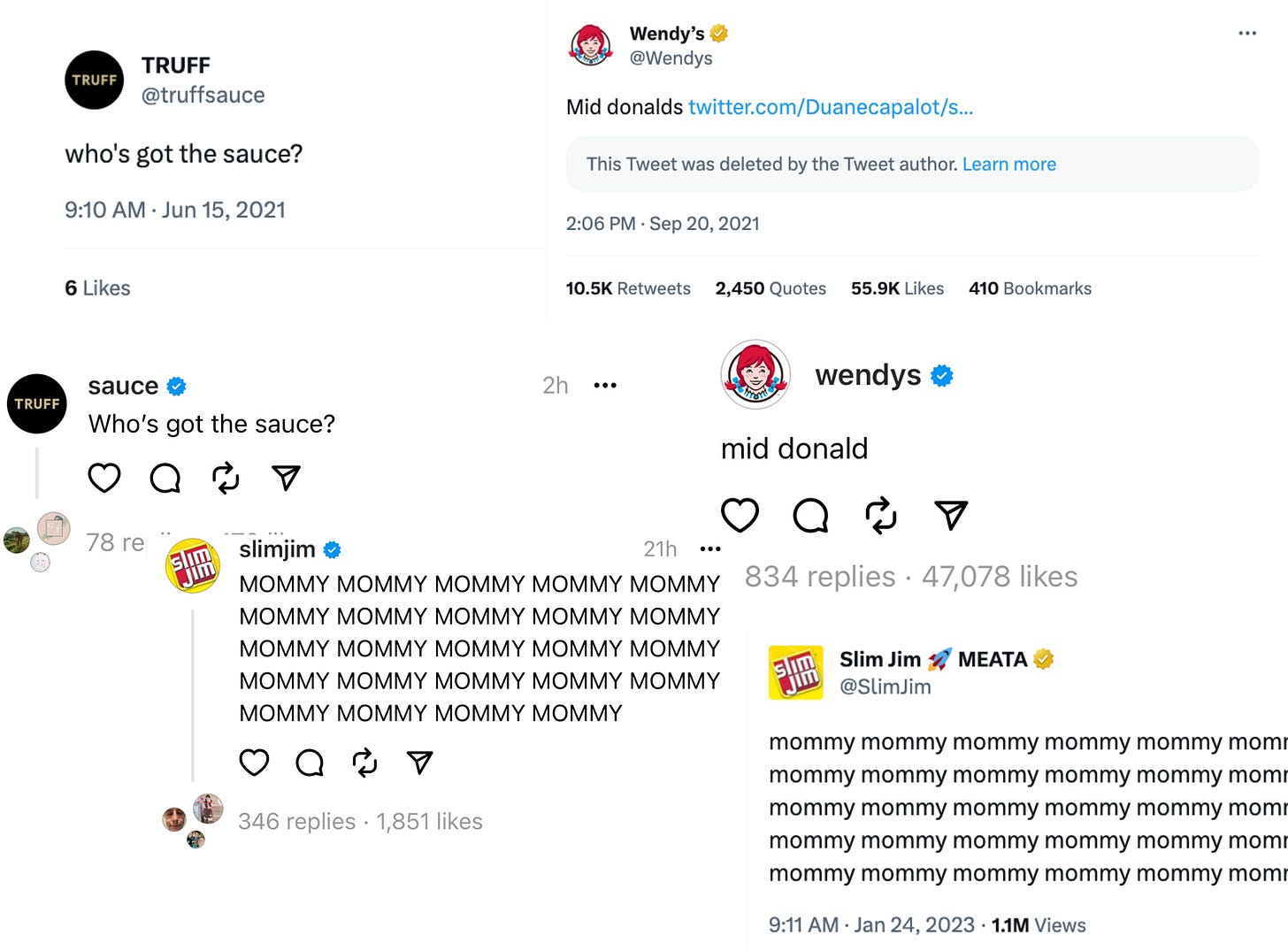 Examples of brands posting the same things on Twitter and Threads.