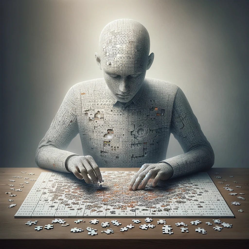 A detailed and thought-provoking image of a young, faceless individual meticulously assembling a puzzle. The puzzle is inspired by the world of computer coding, with pieces forming a visually complex pattern resembling a digital matrix or a sophisticated coding language interface. The individual, portrayed without distinct facial features, is captured in a moment of deep concentration, symbolizing the intellectual challenge of coding. They are seated at a minimalist wooden table in a room with soft, ambient lighting, enhancing the atmosphere of focused tranquility. Each puzzle piece resembles elements of code, like binary numbers, brackets, and syntax highlighting, blending the abstract with the tangible. The background is simple and unobtrusive, emphasizing the individual's interaction with the puzzle, metaphorically paralleling the process of solving a complex coding problem.