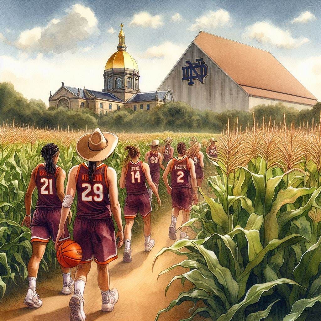 The Virginia Tech women's basketball team traveling through a corn field in Indiana, with Notre Dame's basketball arena in the background, watercolor