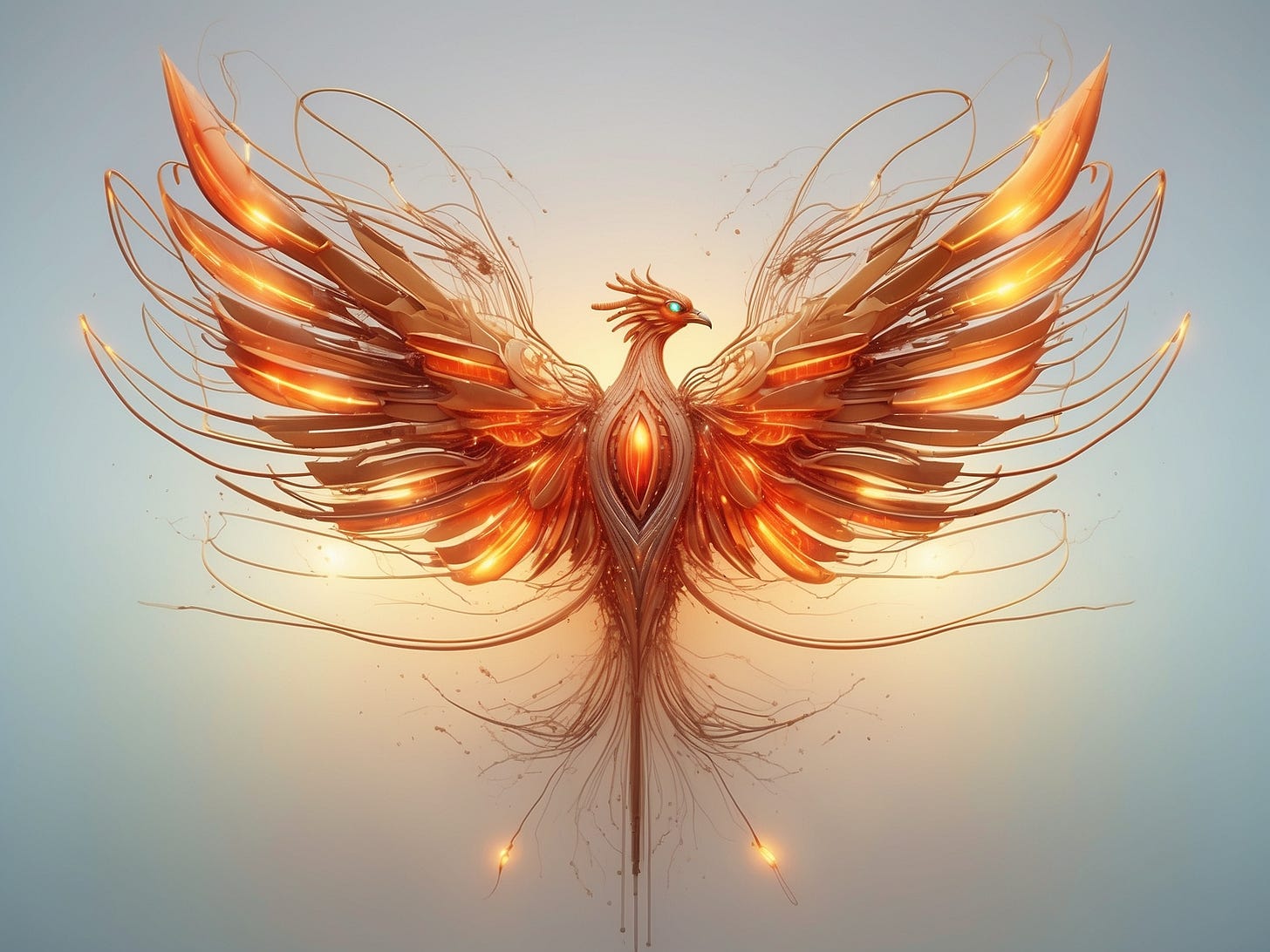An intricate and radiant phoenix in mid-flight, with shimmering golden-orange wings unfurled against a soft blue background. The phoenix's body glows with an inner light, and its feathers appear to be made of delicate, flowing filaments.