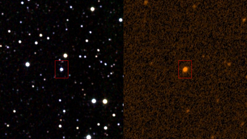 An image of space, showing a distant star. On the left, just glowing normally, on the right under a filter of some sort and seemingly a bit different