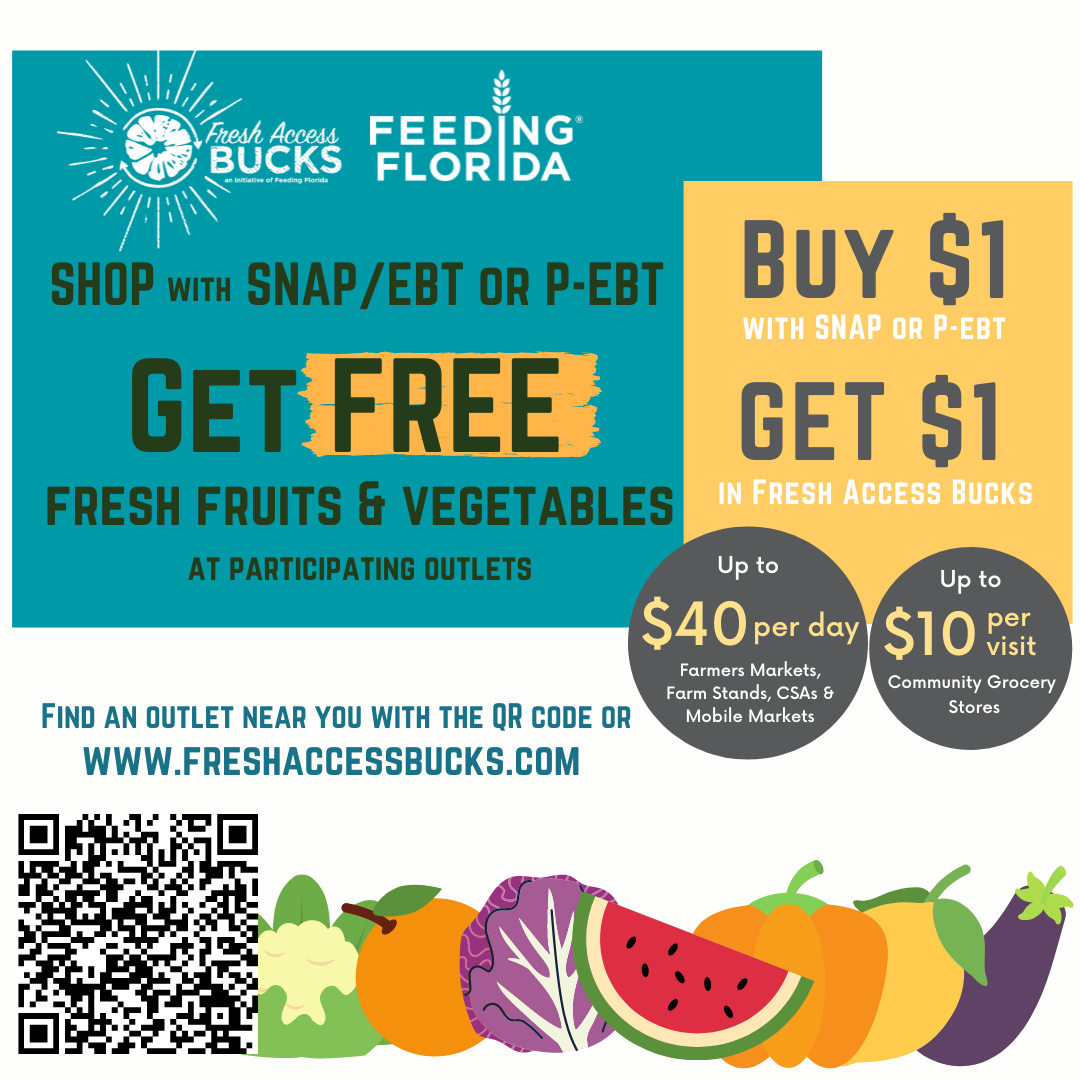 Grpahic by Fresh Access Bucks deatailing their token program. It reads Shop with snap e b t or p e b t and get free fresh fruits and vegetables at participating outlets. Buy one dollar with snap and get one dollar in Fresh Access Bucks, up to 40 dollars per day at farmers markets, farm stands, c s a's, and mobile markets. Or up to 10 dollars per visit at community Grocery Stores.  Find an outlet near you with the q r code or visit w w w . fresh access bucks . com