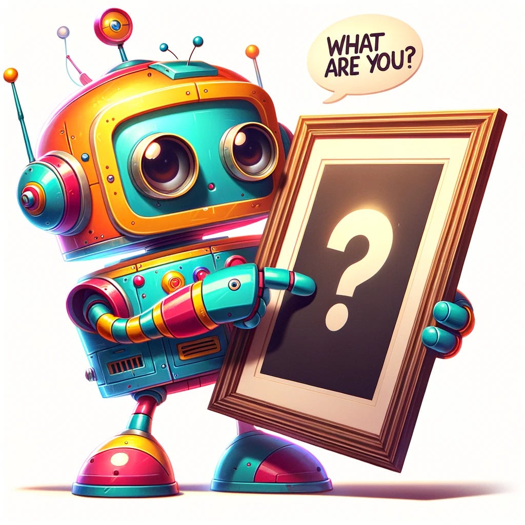 Wide cartoon in a 16:9 aspect ratio of a playful robot with bright colors and expressive eyes, holding a framed photograph with a mysterious image. The robot is leaning in closer to the photograph, and a speech bubble says 'What are you?'