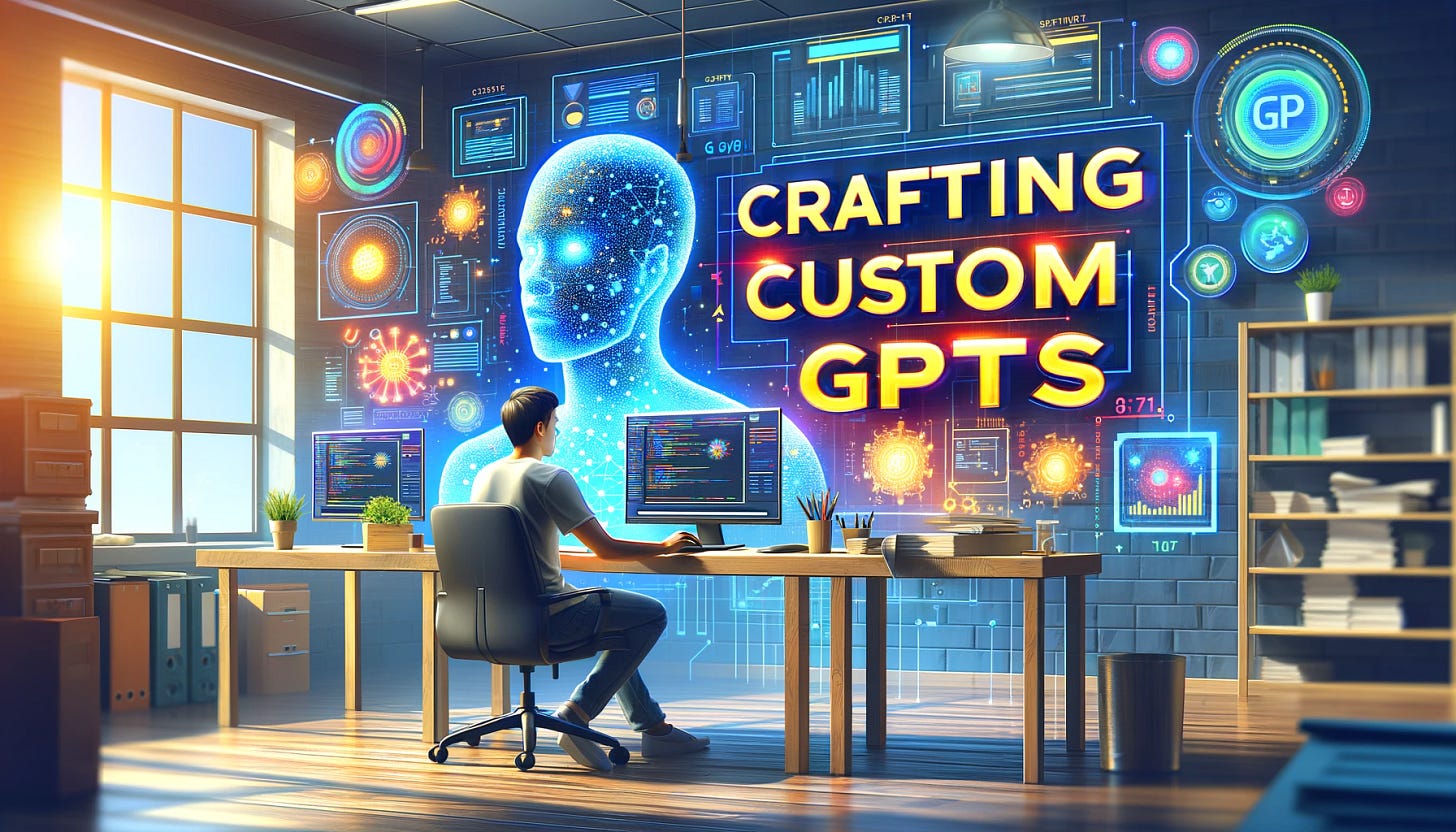 Design a hero image for a blog post with the title 'CRAFTING CUSTOM GPTS'. The image should show a person at a computer, engaged in AI and GPT development, in a modern and innovative workspace. The text 'CRAFTING CUSTOM GPTS' must be clearly visible, bold, and prominently placed in the image, ensuring no spelling errors. The background should include digital and AI-themed graphics, indicative of advanced technology. The image should be bright and inviting, capturing the essence of creativity and advancement in the field of AI.