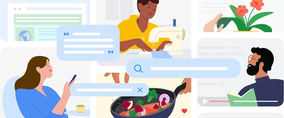 Illustration of people engaged in various activities alongside stylized images of a search box and text.