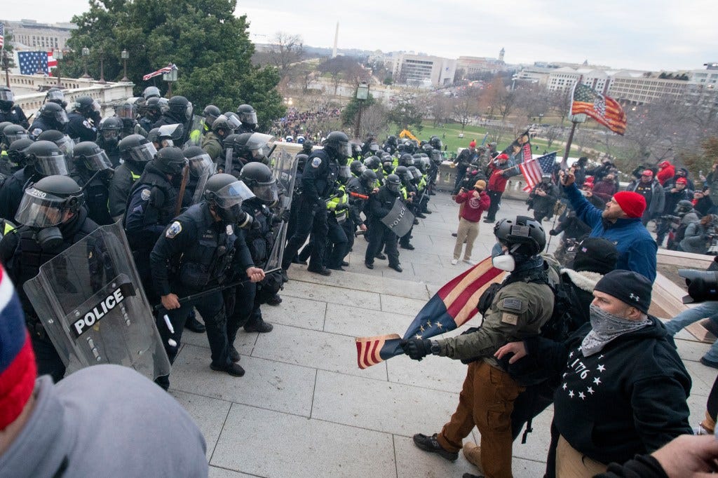 Rioters face off with police at the US Capitol on Jan. 6, 2021, in Washington, DC.