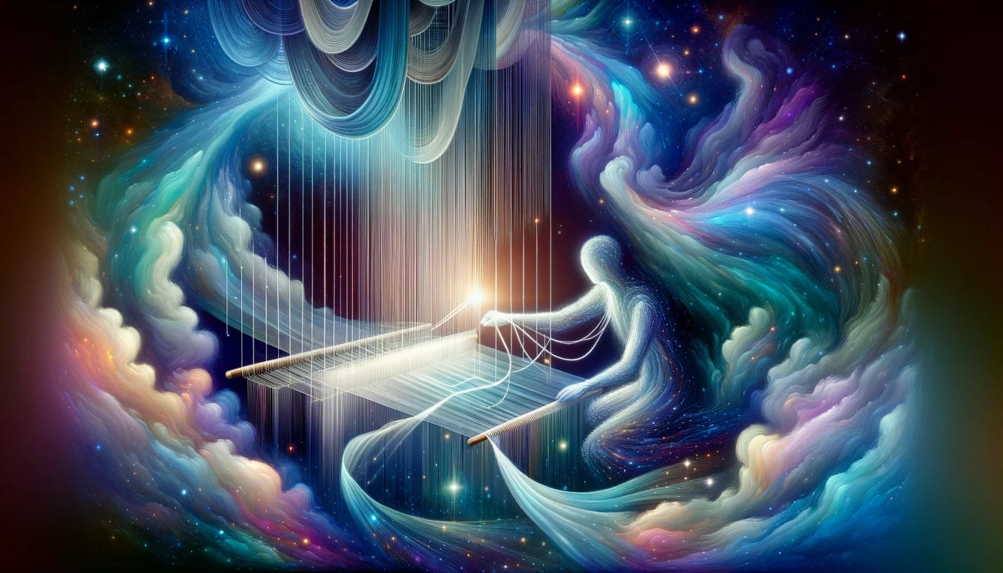 An abstract scene featuring a stylized figure weaving dreams on a cosmic loom. The loom and threads are made of light, shadows, and the fabric of space, shimmering in hues complementary to #ee7835, like soft blues, purples, and greens. The person's hands gracefully intertwine the luminous threads into a tapestry that embodies desires, hopes, and wonders, all represented by abstract forms. The background is a deep, starry expanse, emphasizing the boundless realm of imagination where this creative act unfolds. The overall style is ethereal and dream-like, capturing the essence of dreams being woven together.
