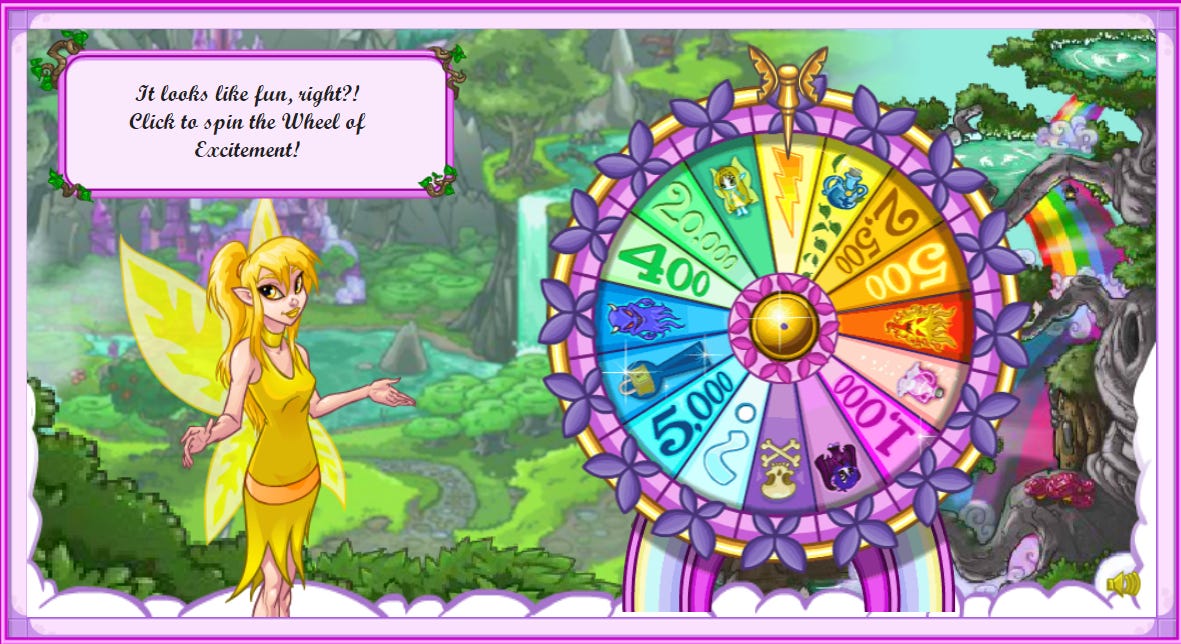 A screenshot of the Wheel of Excitement from neopets dot com, which is very much just gambling but for children.