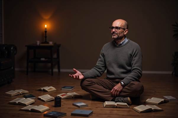 A person sitting on the floor with books on the floor

AI-generated content may be incorrect.