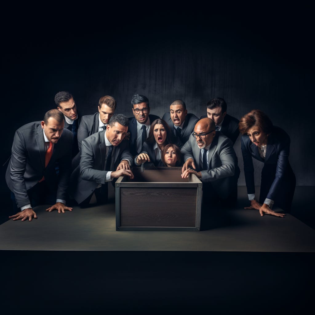 A group of c - suite executive figuring out a black box, their facial expression is either despair or furious or disengaged