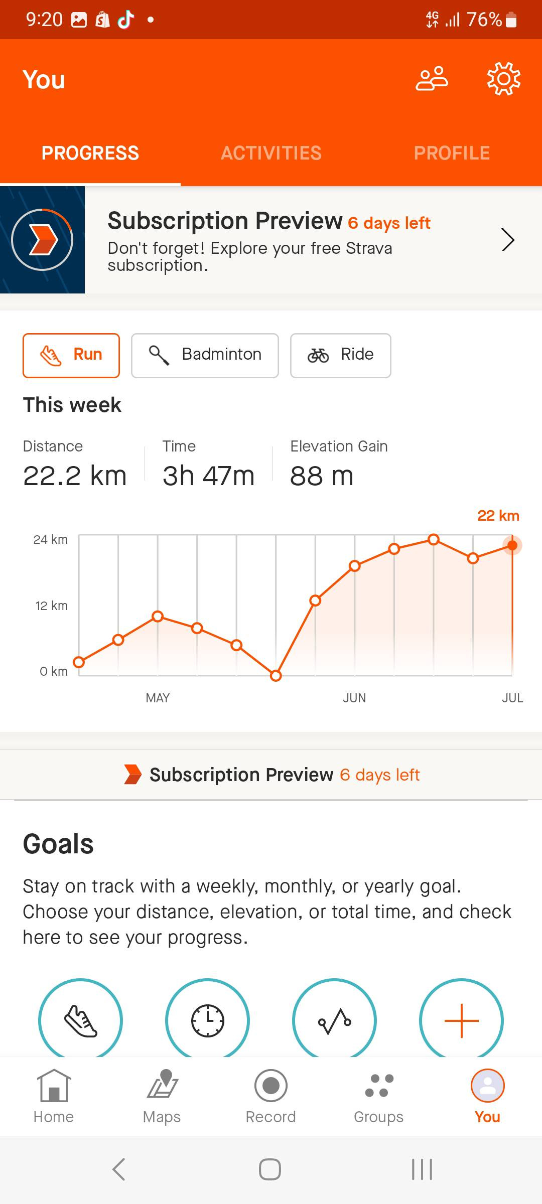 May be an image of text that says "9:20 You 76% PROGRESS ACTIVITIES PROFILE Subscription Preview days left Don't forget! Explore your free Strava subscription. Run Badminton đ Ride This week Distance 22.2 km Time 3h 47m Elevation Gain 88 m 4km 12km 0km MAY JUN JUL Subscription Preview days left Goals Stay on track with weekly, monthly, yearly goal. Choose your distance, elevation, or total time, and check here to see your progress. �。 Home Maps Record Groups You"