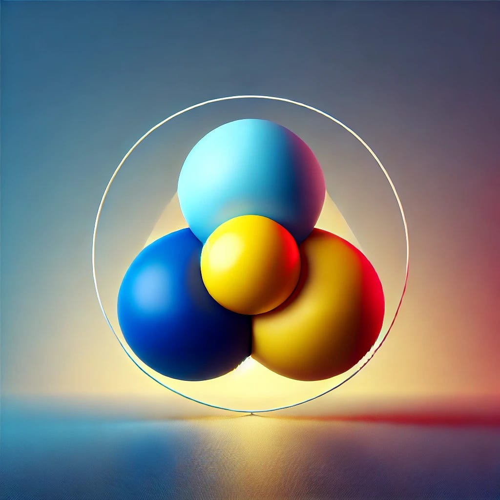 A minimalist artistic composition symbolizing the Triple Gem in Buddhism: a blue gemstone (representing the Buddha), a glowing yellow sphere (representing the Dharma), and a vibrant red sphere (representing the Sangha). The objects are arranged in a balanced triangular formation, set against a soft, serene gradient background of twilight hues, blending blue, yellow, and red. The style is modern, clean, and abstract, suitable for social media sharing with a reflective, spiritual tone.