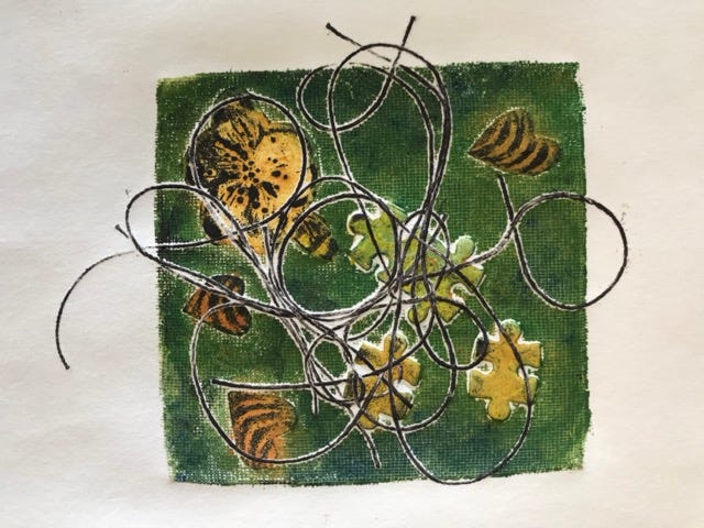 Collagraph by Kathy Garland green square shape with twine and other media