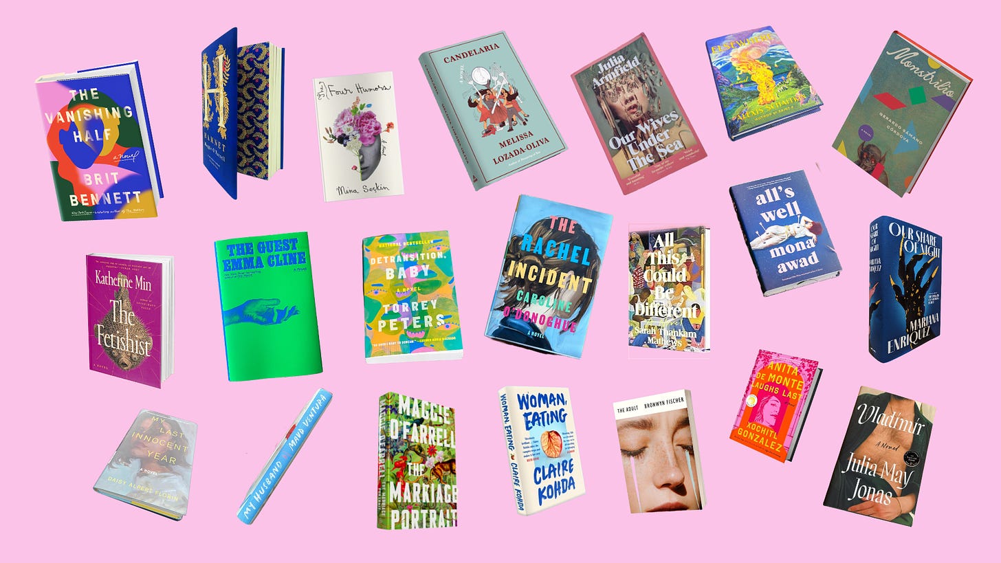 The 21 books included in the roundup, lined up out of order, face-out in three rows against a bubblegum pink background. First row, left to right: The Vanishing Half by Brit Bennett, Hamnet by Maggie O’Farrell, The Four Humors by Mina Seçkin, Candelaria by Melissa Lozada-Oliva, Our Wives Under the Sea by Julia Armfield, Elsewhere by Alexis Schaitkin, Monstrilio by Gerardo Sámano Córdova. Second row, left to right: The Fetishist by Katherine Min, The Guest by Emma Cline, Detransition, Baby by Torrey Peters, The Rachel Incident by Caroline O’Donoghue, All This Could Be Different by Sarah Thankam Mathews, All’s Well by Mona Awad, Our Share of Night by Mariana Enriquez. Third row, left to right: My Last Innocent Year by Daisy Alpert Florin, the spine of My Husband by Maud Ventura, The Marriage Portrait by Maggie O’Farrell, Woman, Eating by Claire Kohda, The Adult by Bronwyn Fischer, Anita de Monte Laughs Last by Xochitl Gonzalez, Vladimir by Julia May Jonas