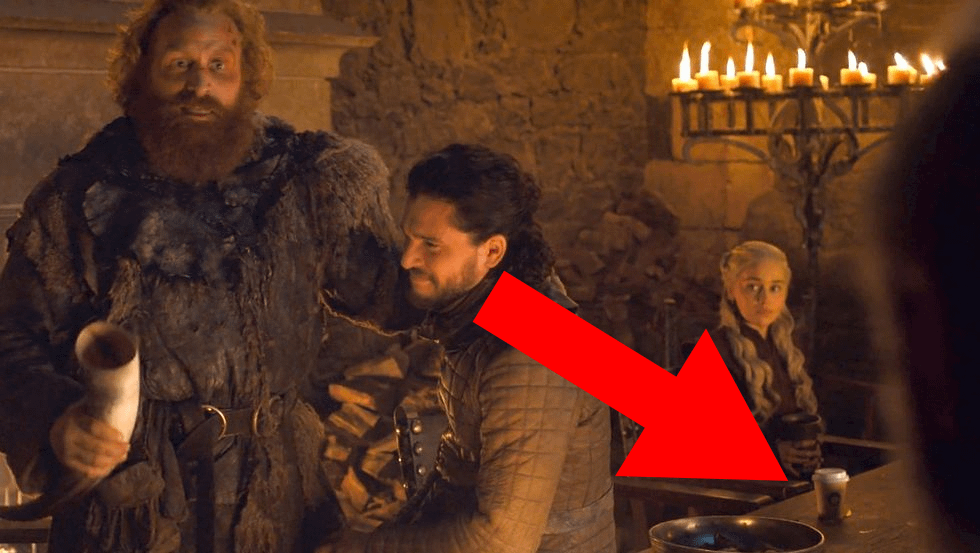 In Game of Thrones S8 E4, you can see a Starbucks cup in front of Daenerys.  This mistake somehow managed to slip through post-production undetected  despite of the giant red arrow pointing