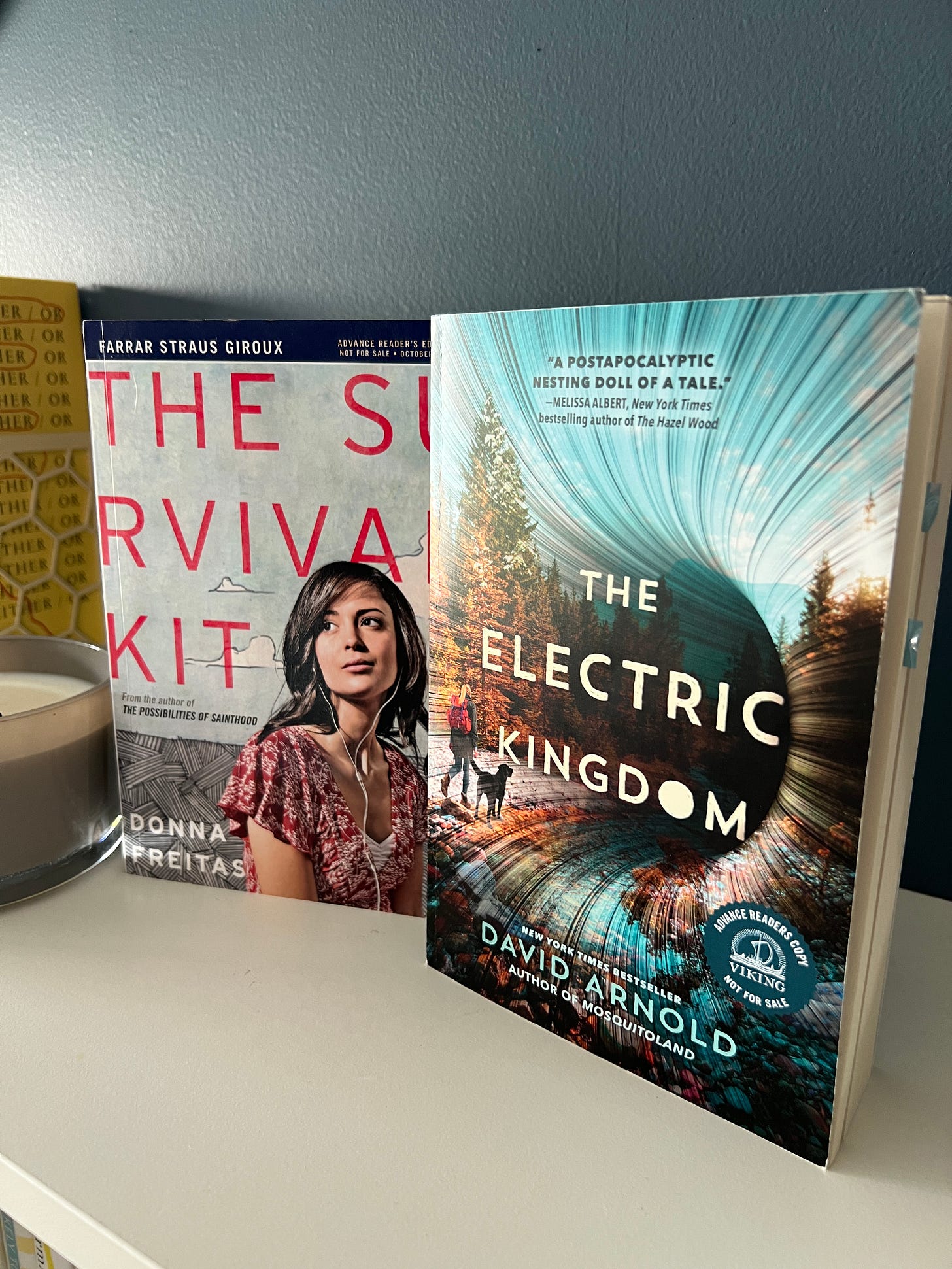 An ARC of The Survival Kit and an ARC of The Electric Kingdom propped up on top of a white bookshelf.