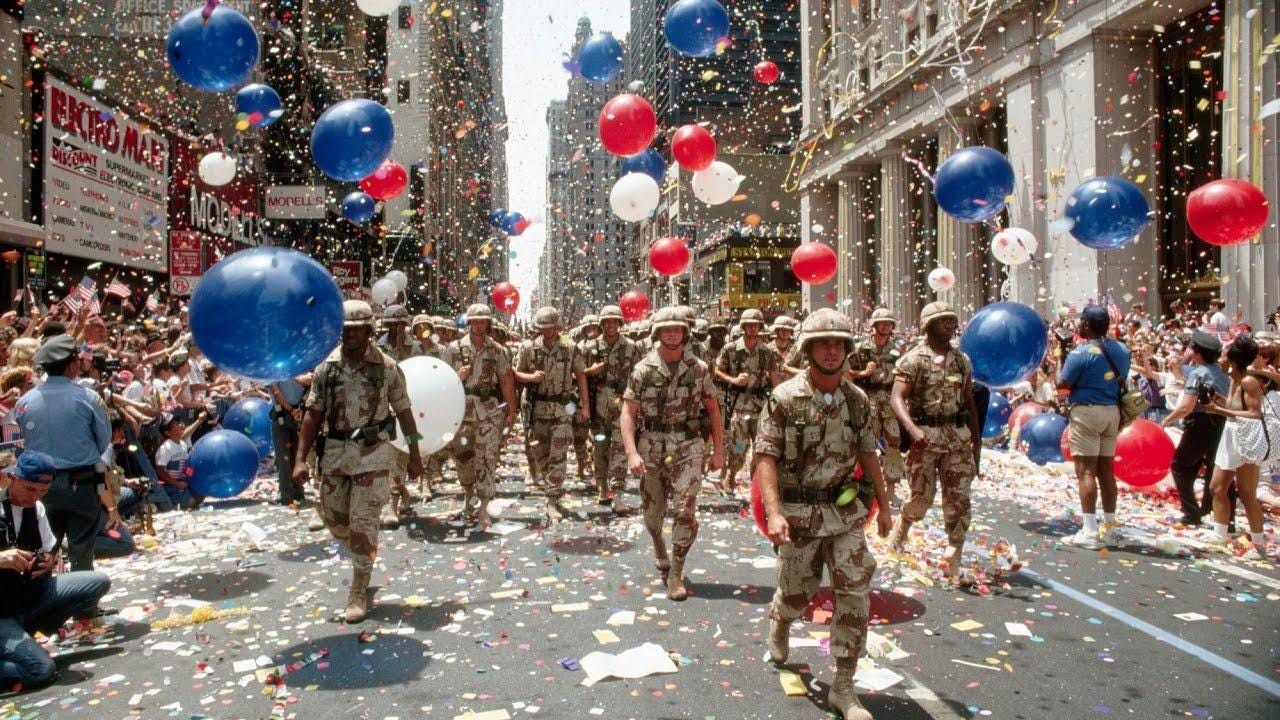 New Yorkers celebrate the return of U.S. troops from the Gulf War with a ticker tape parade in ...