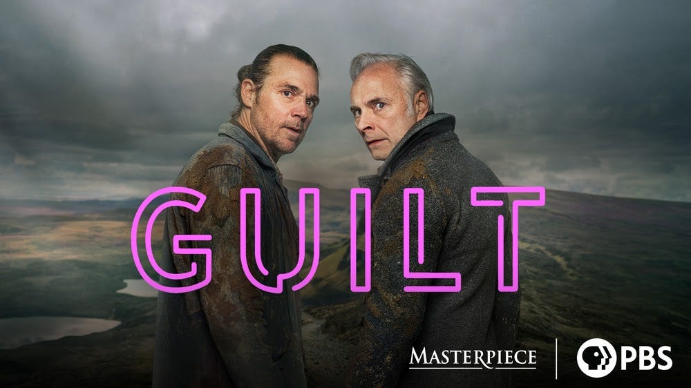 Two men looking over their shoulders with the word GUILT and logos for Masterpiece and PBS