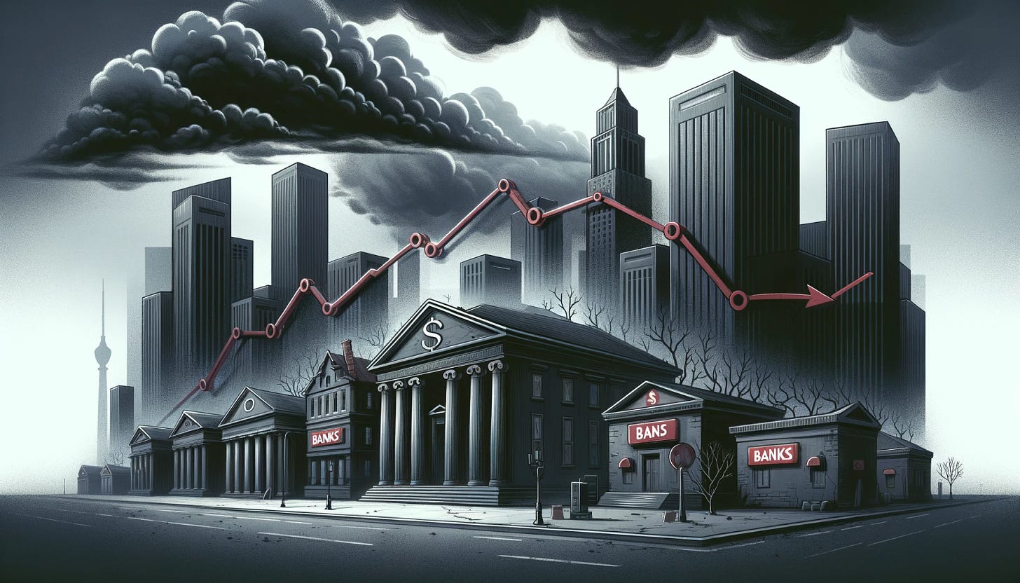 A concept art for a blog post cover illustrating the negative outlook for global banks in 2024, in a horizontal rectangular format. The scene includes a dark, overcast sky over a line of banks, symbolizing economic slowdown and tight financial conditions. The banks look distressed, with signs of wear. In the foreground, there's a graph with a downward trend, indicating financial struggles. The color scheme is predominantly dark, with grays and red accents for danger. The style is semi-realistic, emphasizing the metaphorical representation of the economic challenges faced by the banking sector.