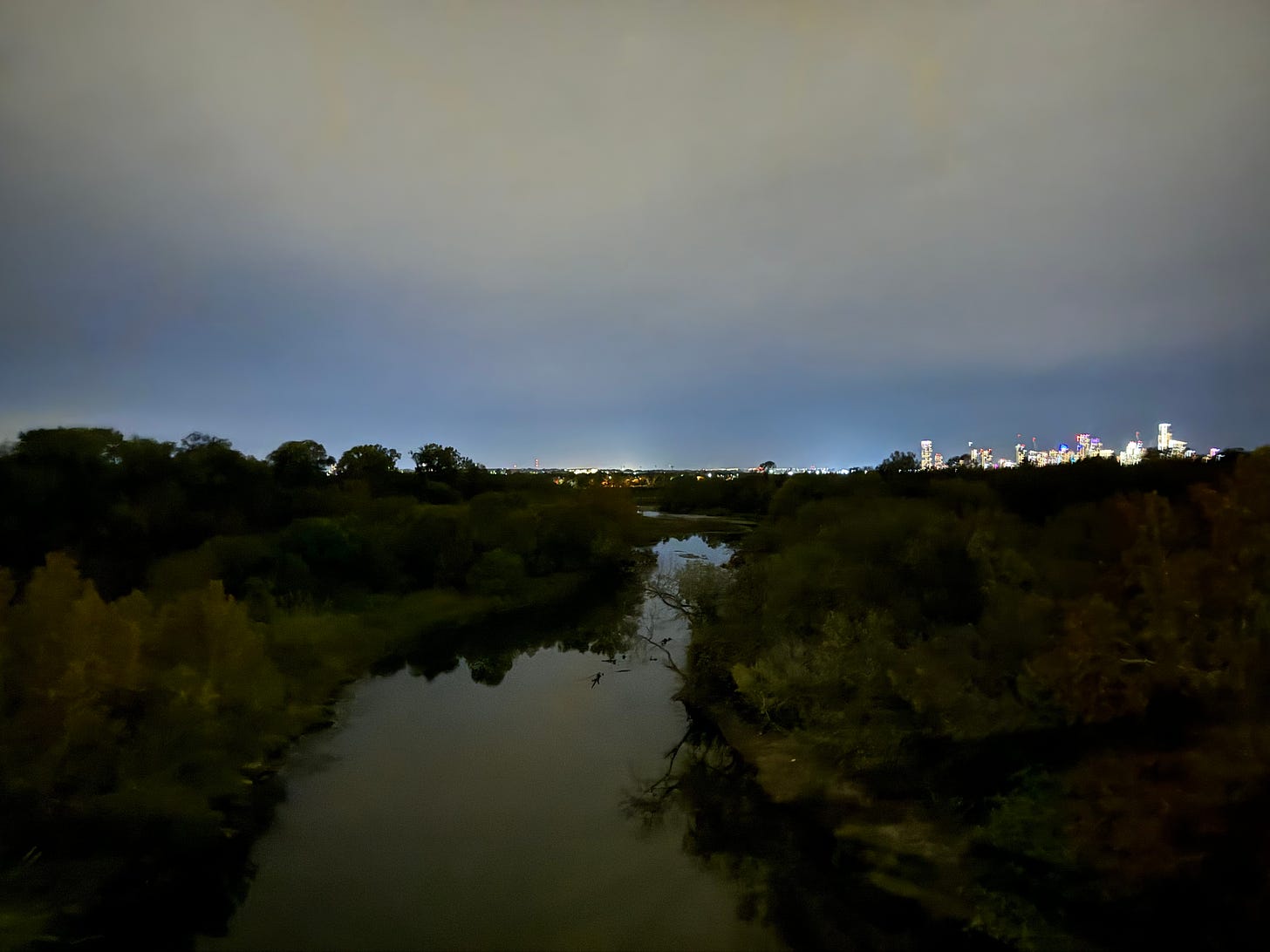 Wild urban river at night, skyscrapers on the horizon
