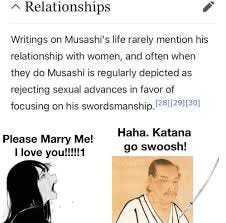 Snippet from Miyamoto Muashi's Wikipedia page rejecting women in favour of swordsmanship