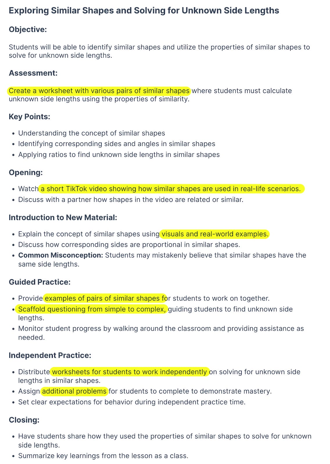 An AI lesson plan that offers "Objective," "Assessment," "Opening," and other key bullet points and sprinkled throughout are instructions for the teachers to make themselves some significant lesson resources like introductory videos, visuals and real-world examples.