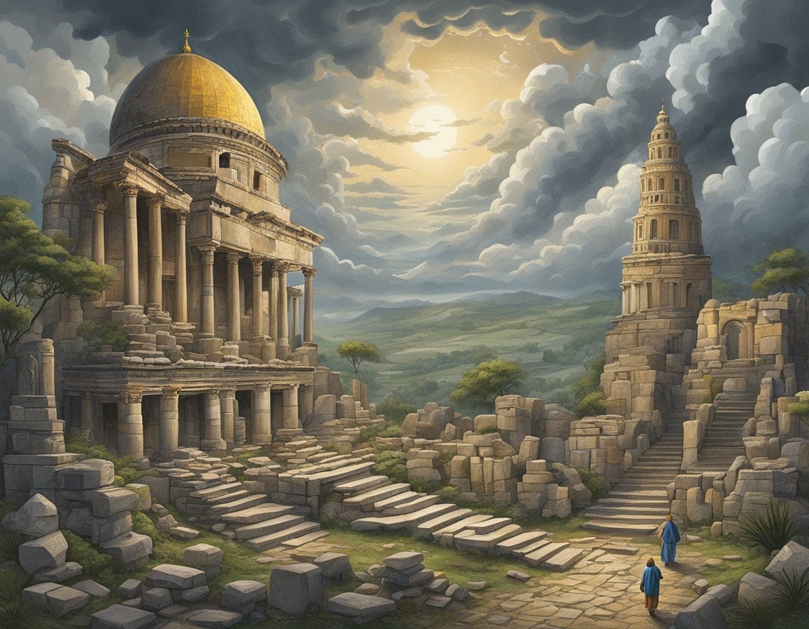 A stormy sky looms over a landscape of ancient ruins and symbols of various religions, representing the historical and cultural contexts of the question "Why does God allow suffering?"